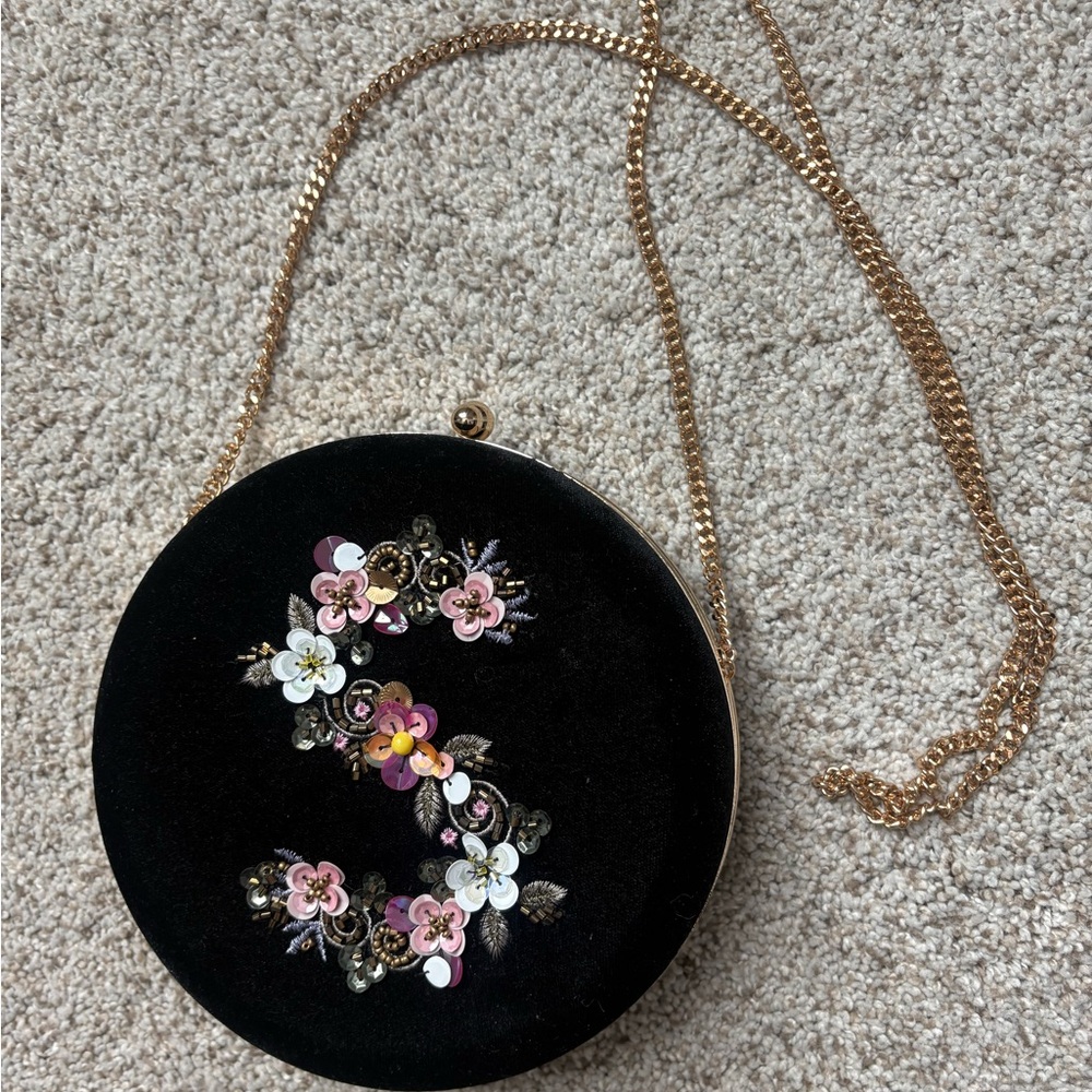 Black Velvet  embroidered and beaded Floral Clutch with gold Chain